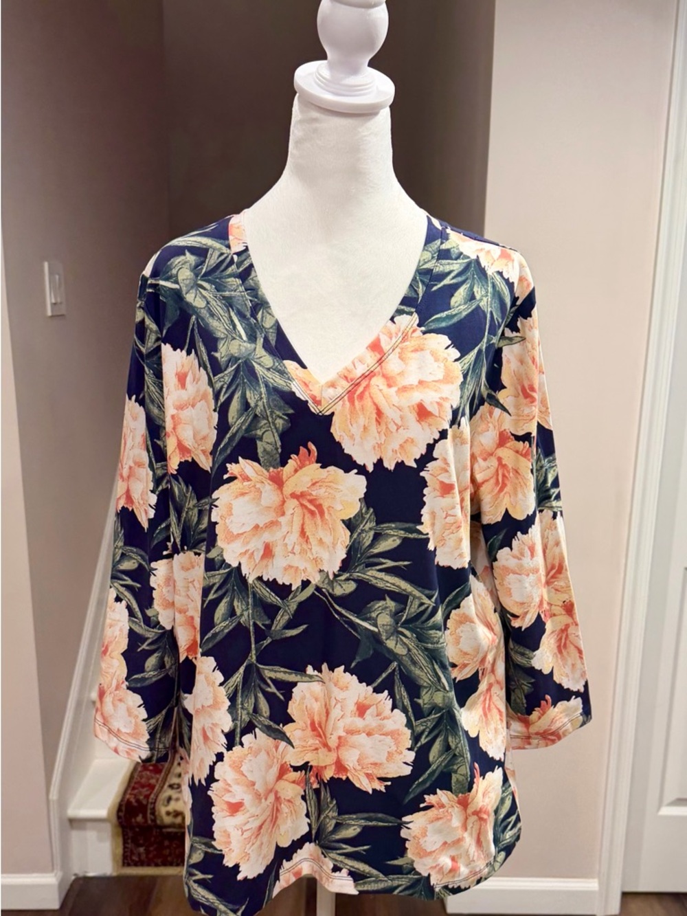 Chico's V-Neck Tunic with Peach Floral Print